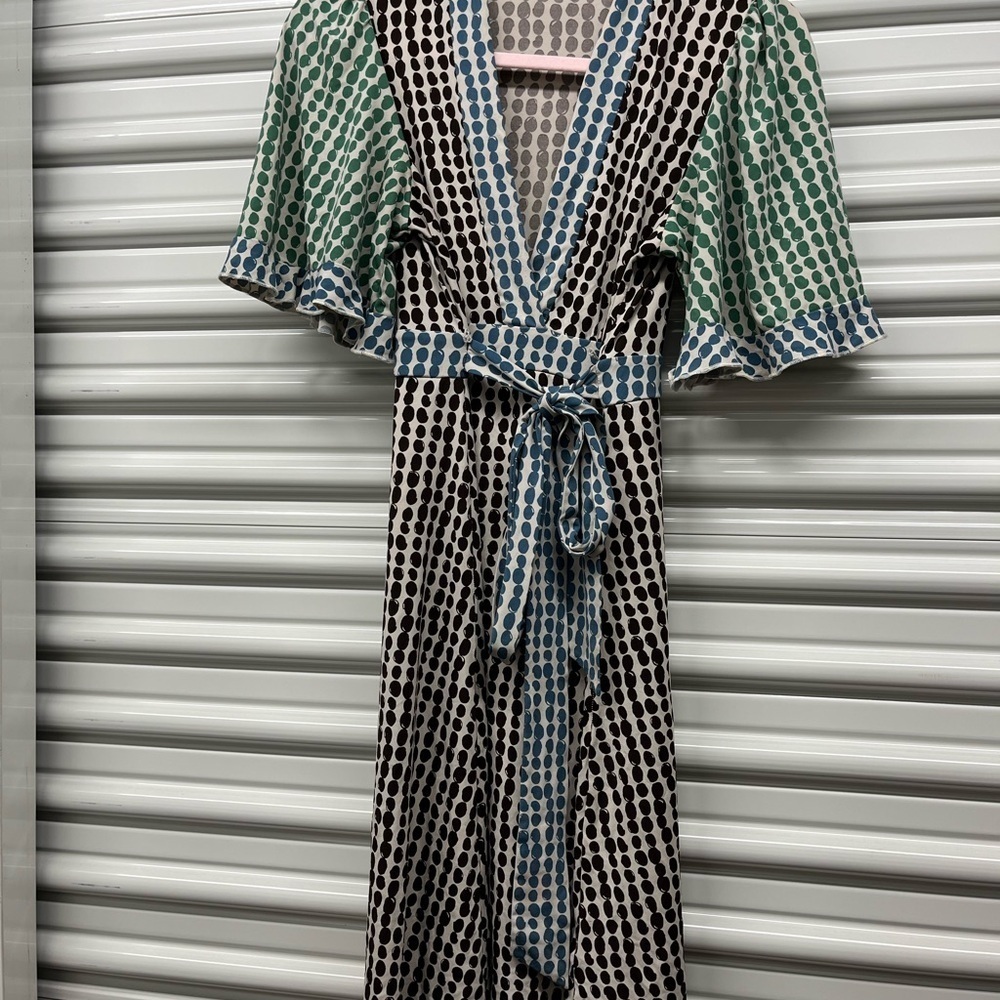 BCBGMaxAzria Brown and Blue Wrap Midi Dress - Picture 4 of 8